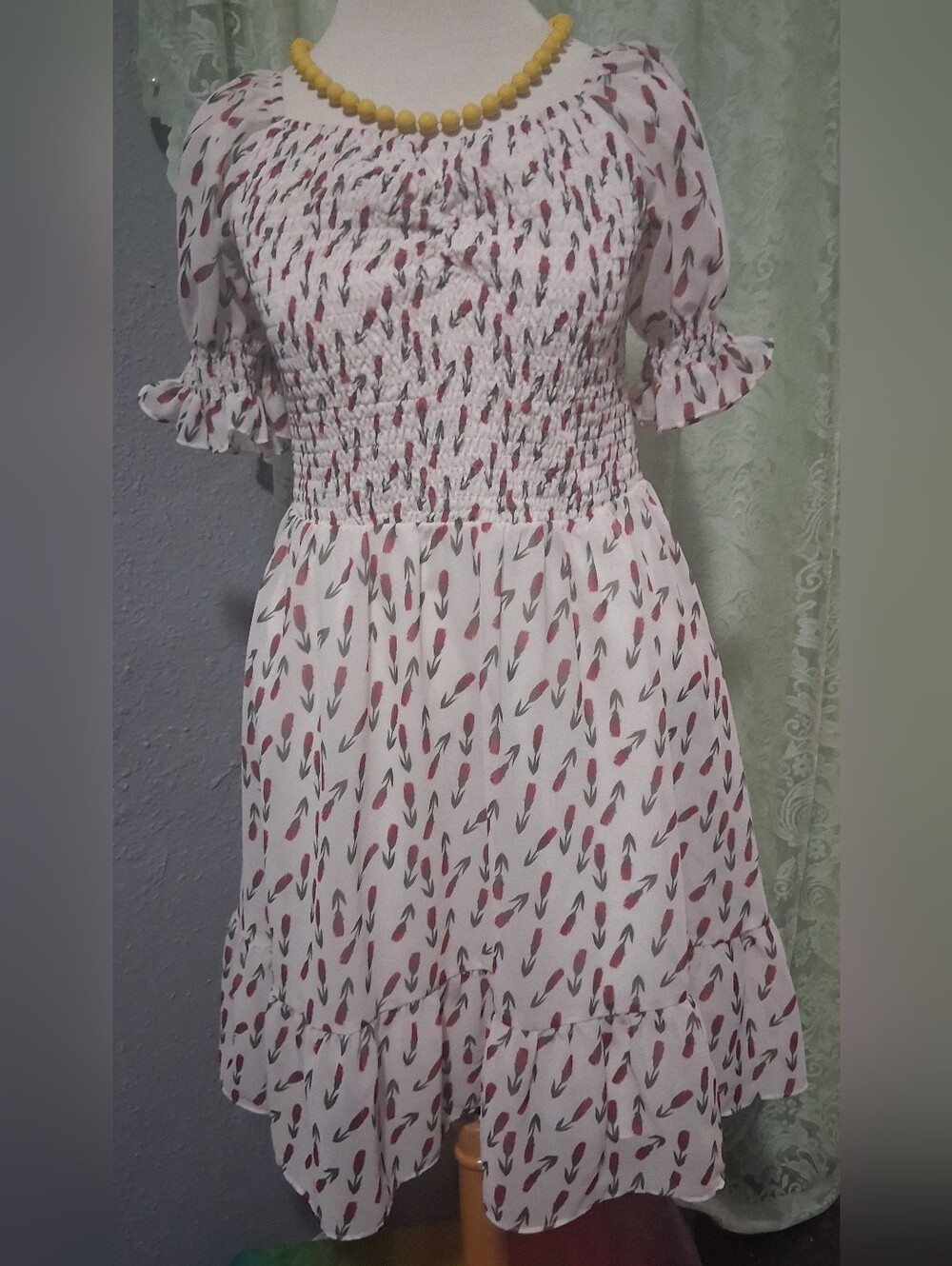 EXLURA- Smocked White Mini Dress with Pink Floral Print